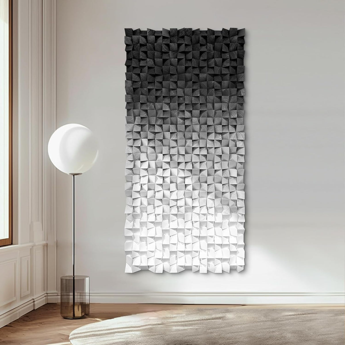 LIUZEYUE - Wooden Block Stereoscopic Painting Geometric Modeling Wall Decoration 3D Wooden Artwork Living Room Bedroom Background Wall Office Decoration Black and White Gradient 23.6 x 47.2 inches