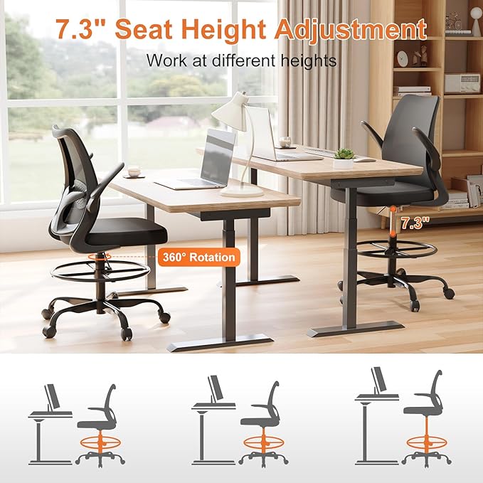 Tall Office Chair for Standing Desks,High Desk Drafting Chair with Adjustable Footrest Ring,Ergonomic Lumbar Support,Flip-Up Armrests for Home Office,Black