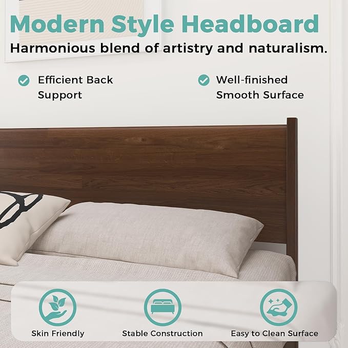 Full Size Bed with Headboard, Mid Century Malaysian Oak Bed, Wooden Platform Bed Frame with Storage, No Box Spring Needed, Easy Assembly, Full Size, Antique Espresso