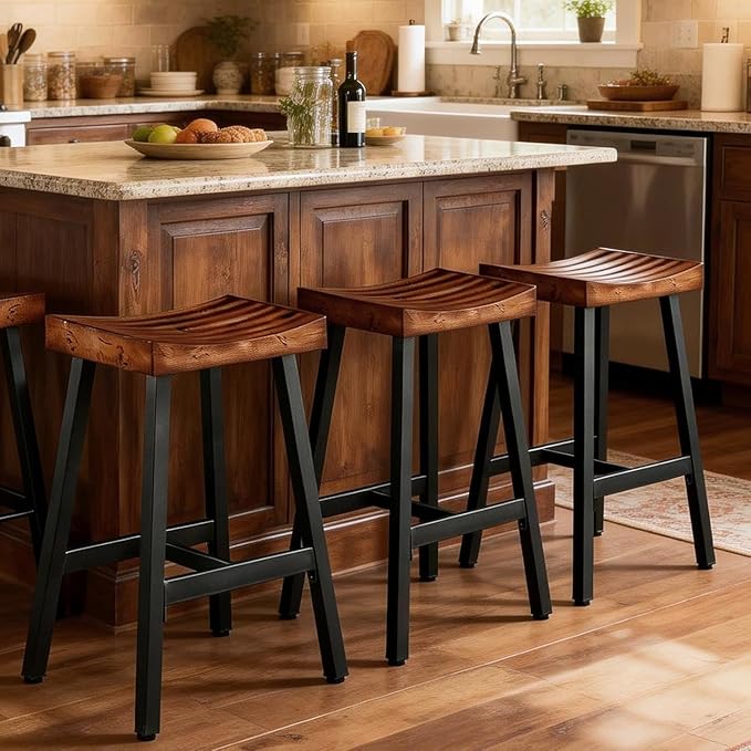 OUllUO Bar Stools Set of 3, Backless Saddle Barstools, 25" Counter Height Bar Stools, Solid Wood Counter Stools with Metal Frame, 521P-BBWD3