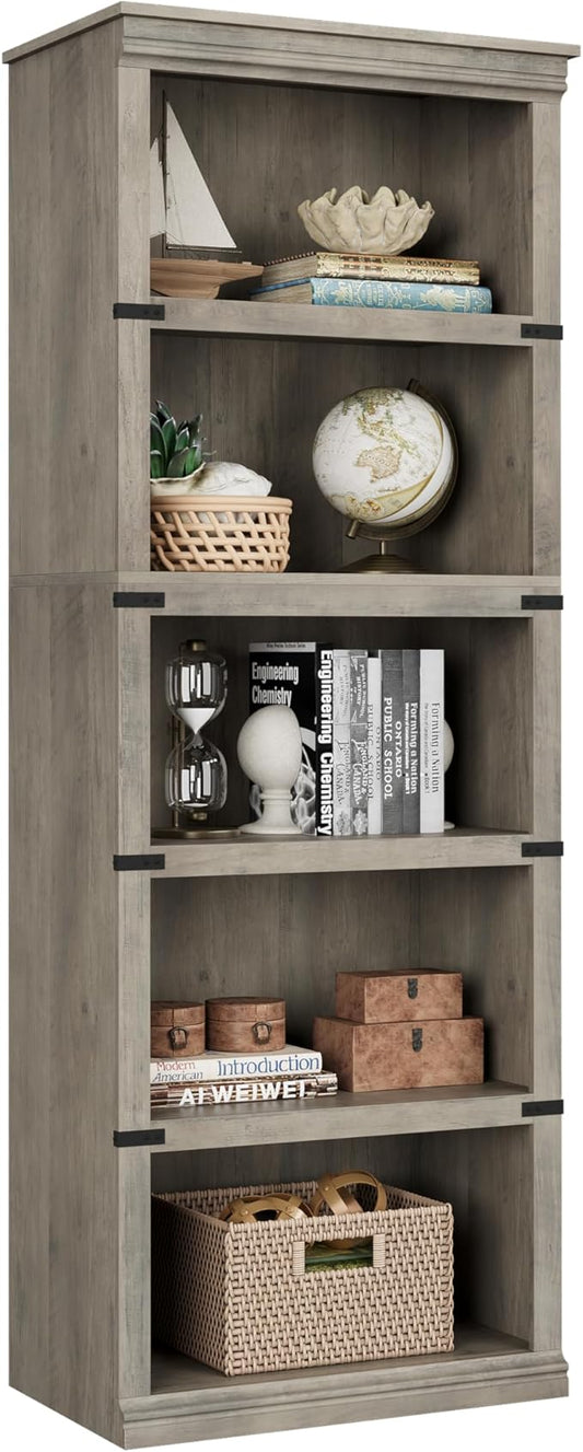 IDEALHOUSE 5 Tier Bookcase, Farmhouse Book Shelf with Storage, Tall Book Case Wooden 5 Shelf Bookcase for Home Office, Living Room, Bed Room (Grey, 67.4" H x 24.6" W x 12.8" D)
