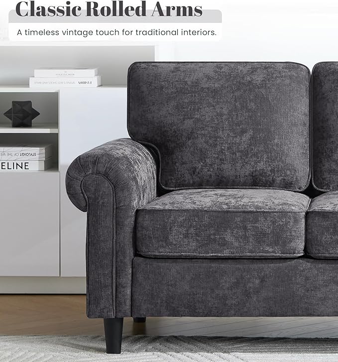 Kingfun 3 Seater Couch, Mid Century Modern Sofa with Rolled Arms and Deep Seats, Fluffy Comfort for Living Room, Apartment, Easy Assembly, Gray
