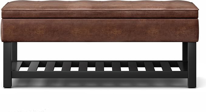 SIMPLIHOME Cosmopolitan Storage Ottoman Bench - 44 inch Wide Upholstered Vegan Leather Rectangle Storage Ottoman in Distressed Saddle Brown, Transitional Bench for Bedroom with Tufted Lift-Top