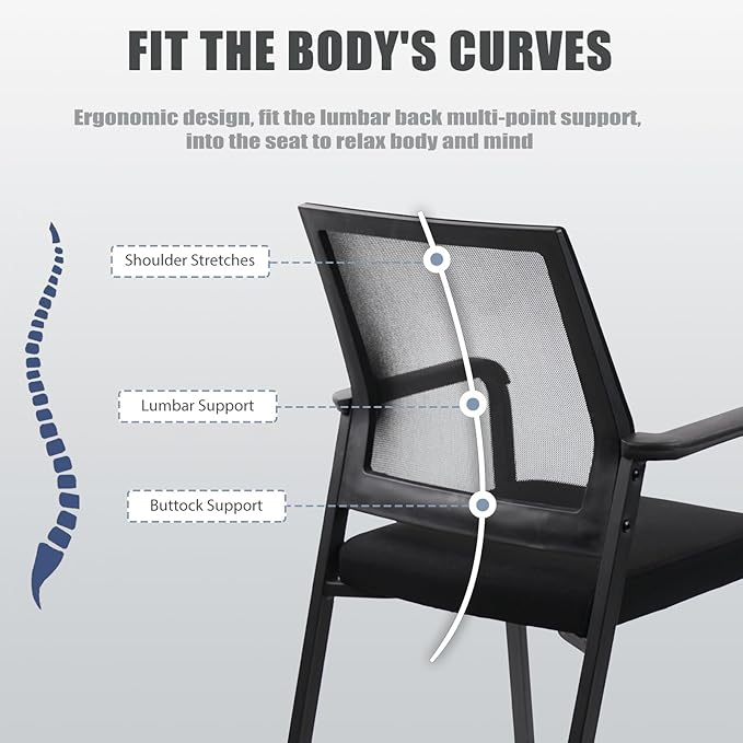 Ergonomic Mesh Guest Chair – No Wheels, Lumbar Support Design, Thick Cushion & Padded Arms – for Office Reception, School, Church Waiting Rooms, Lobby – Black 2PK