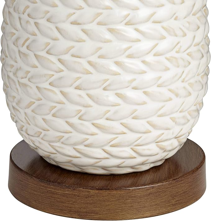 Possini Euro Design Kingston Mid Century Modern Table Lamp 32 3/4" Tall White Grooved Patterned Ceramic Taupe Drum Shade for Bedroom Living Room House Bedside Nightstand Home Office Entryway Family