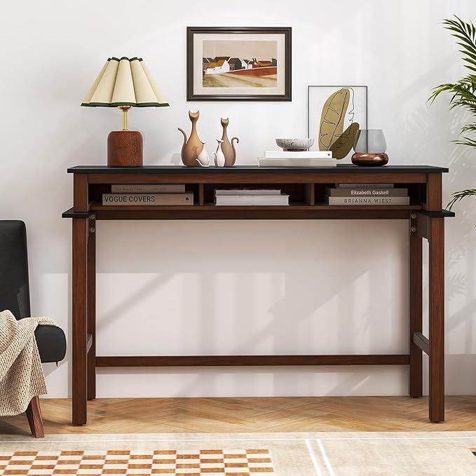 COSTWAY Bar Table with Charging Station, 36” Counter Height Table w/ 3 Storage Compartments, Power Outlets, Modern Farmhouse Console Table for Kitchen, Living Room, Entryway (Black + Walnut)