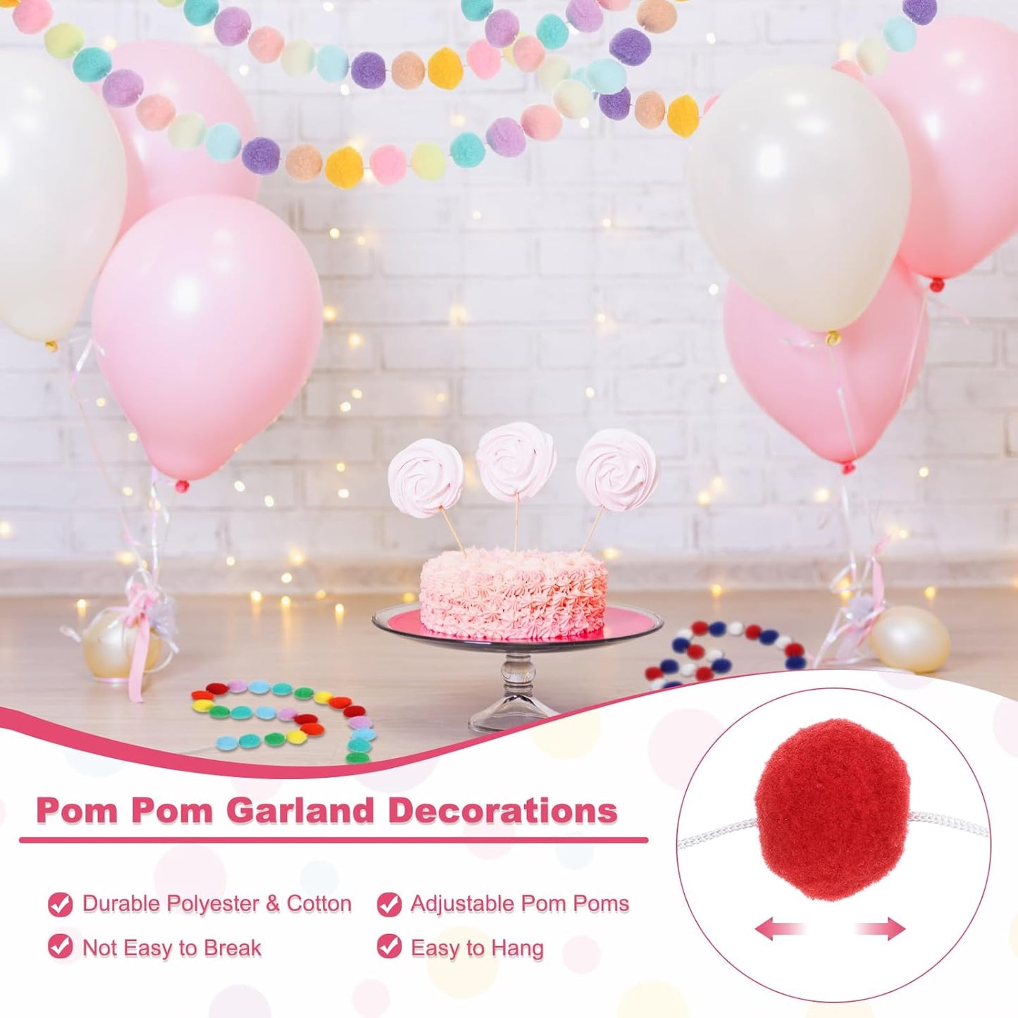 PATIKIL 26Ft Pom Pom Garland Decorations, 4Pcs Colorful Felt Ball Garland Banner Cute Rainbow Pompom Hanging Decorations for Tree Ornaments Homes Decor, Red/White