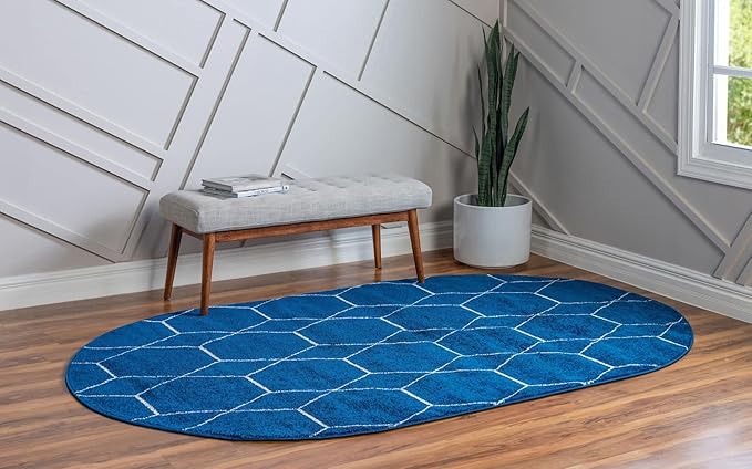 Unique Loom Trellis Frieze Collection Area Rug - Geometric (3' x 5' Oval, Navy Blue/ Ivory)