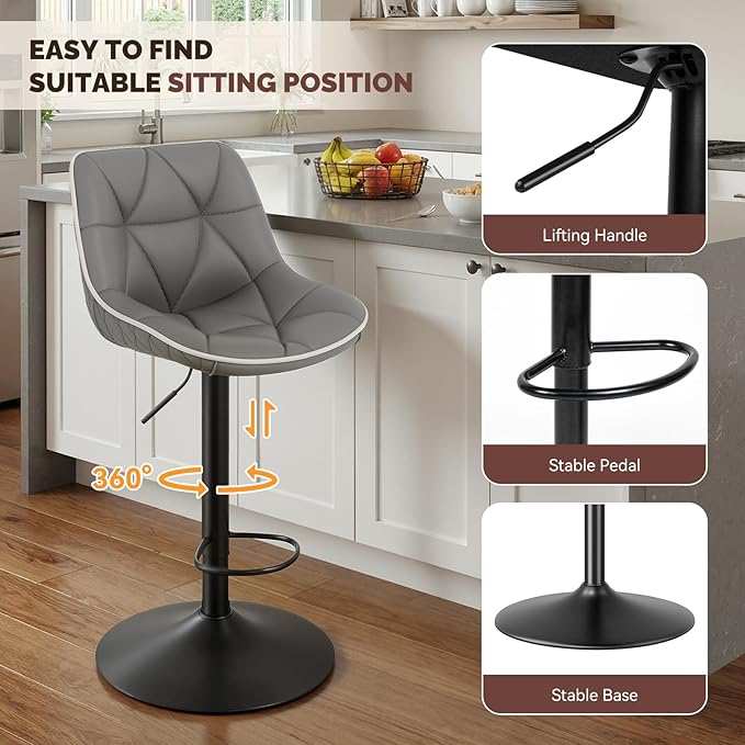 Nalupatio Bar Stools Set of 4, Adjustable Swivel Counter Height Bar Stools with Back, Armless Modern Barstools for Kitchen Island & Home Bar, Upholstered Seat,（Grey）