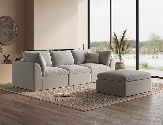 110" Cloud Sectional Couches for Living Room, Boneless L-Shape Couch with Ottoman, 3 Seater Modular Sectional Sofa, Light Grey