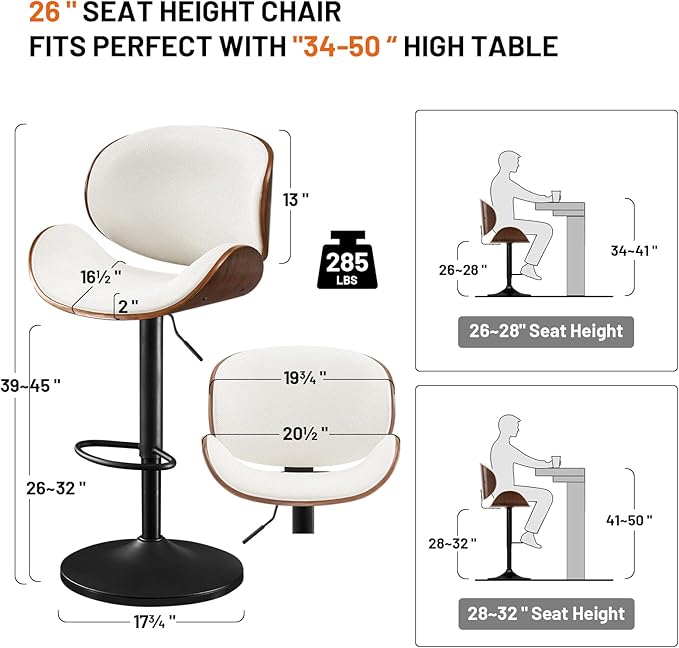 Furniliving Adjustable Bar Stools Set of 2, Swivel Bentwood Barstools Counter Height Bar Stools, Ergonomic Modern Bar Stools with Back Upholstered Barstools for Dining Room, Kitchen, Bar, White, PU