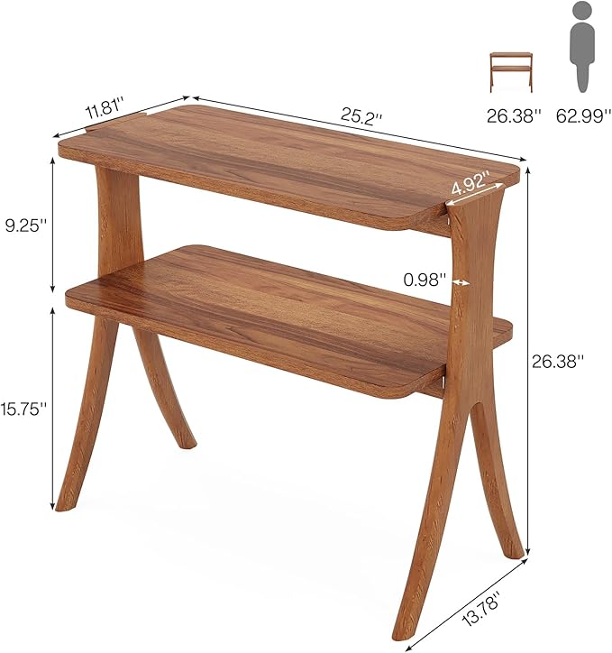 Tribesigns Walnut Side Table for Living Room, Narrow End Table with 2-Tier Storage Shelf and Solid Wood Legs, Slim Modern Bedside Table Nightstand for Bedroom, Small Spaces (1)