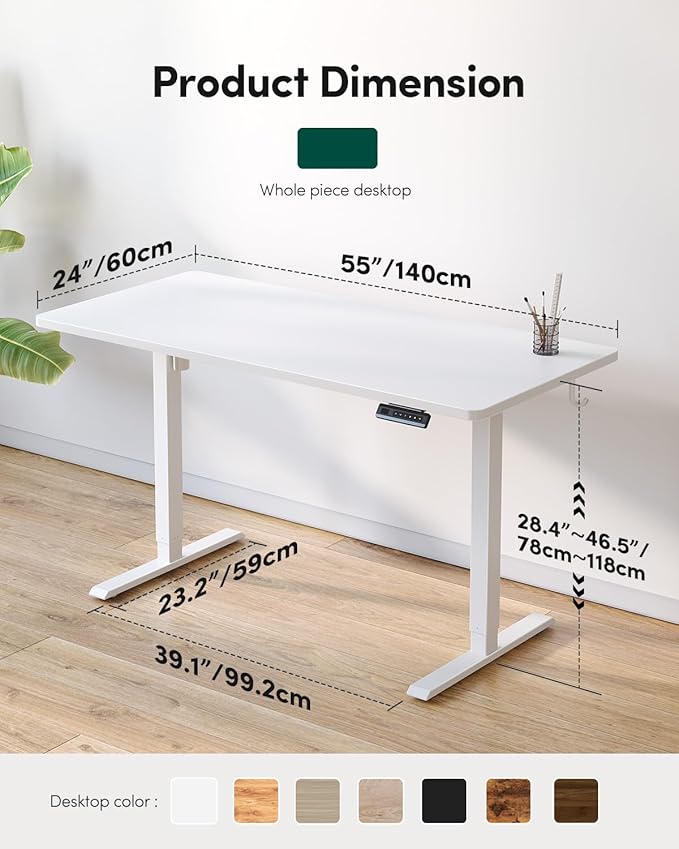 FEZIBO One-Piece Standing Desk Adjustable Height Stand up Home Office Desk, 55x24 Inch Electric Standing Computer Desk, with 4 Memory Presets, Headphone Hook, White