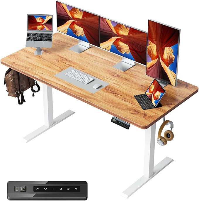 FEZIBO One-Piece Standing Desk Adjustable Height Stand up Home Office Desk, 55x24 Inch Electric Standing Computer Desk, with 4 Memory Presets, Headphone Hook, Light Rustic