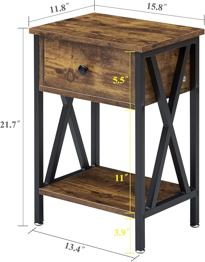 VECELO End Tables, Modern Nightstand with Drawer & Shelf, Night Stand for Bedroom Living Room,Industrial Metal Frame