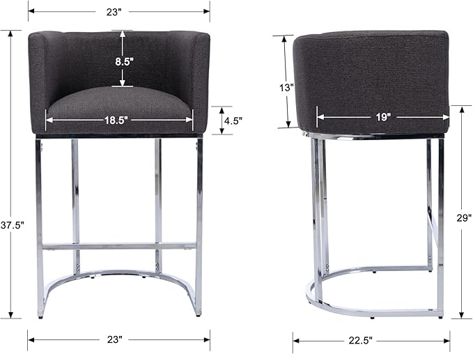 Bar Stools 29" Counter Height Bar Stools Upholstered Fabric Barstool Modern Barrel Counter Stool Kitchen Counter Island Stools with Chrome Metal Base, Charcoal