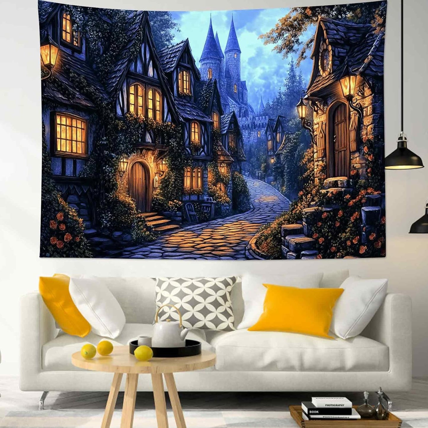 LB Vintage Castle Tapestry, Night Street Old House and Green Tree Wall Tapestry for Bedroom Aesthetic, Village Gothic Wall Art for Living Room Dorm Home Decor Ready to Hanging, 92.5 x 70.9 Inches