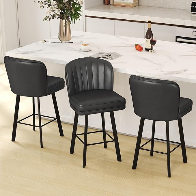 Swivel Counter Height Bar Stools Set of 6, 26'' Modern Barstools with Backs and Metal Legs, Upholstered Bar Chairs, Faux Leather Black Stools for Kitchen Island Chairs