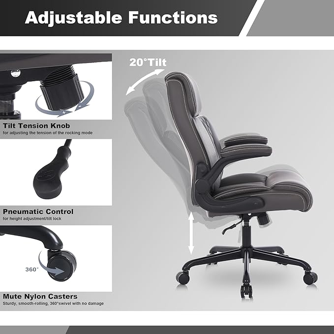 Youhauchair Executive Office Chair, Ergonomic PU Leather Computer Desk Chair with Lumbar Support, Flip-up Armrests and Adjustable Height, for Home Office, Brown