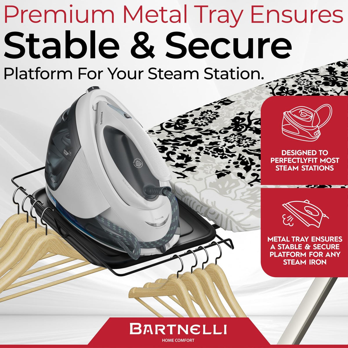 Bartnelli Pro Luxury Ironing Board - Extra Wide 62x19” Steam Iron Rest, Adjustable Height, T-Leg Foldable, European Made