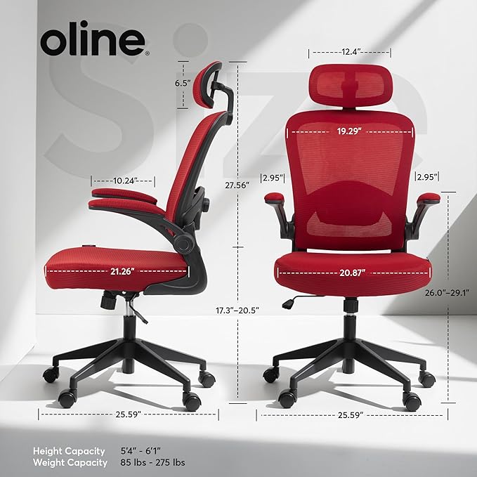 Oline ErgoAir Ergonomic Office Chair – Adjustable Lumbar Support, Flip-Up Armrests, Mesh Computer Desk Chair, Swivel Rolling Executive Gaming Chair for Home & Office (Red)