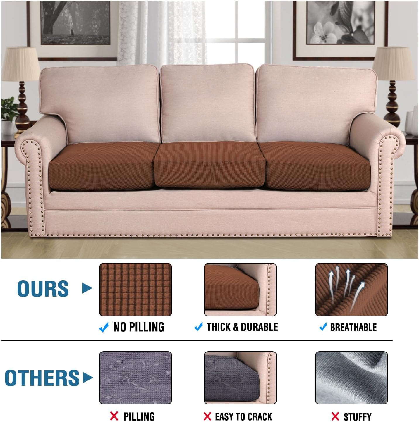 H.VERSAILTEX Super Stretch Individual Seat Cushion Covers - Sofa & Couch Cushion Slipcover Sets - Thick Jacquard Textured Twill Fabric (3 Piece XL Sofa Cushion Covers, Caramel)