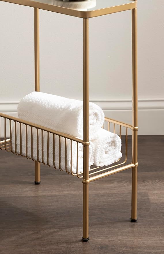 Kate and Laurel Trubey Modern Mirrored Rectangle Narrow Side Table, 16 x 8 x 25, Gold, Modern Glam Slim End Table with Bottom Wire Storage Rack and Mirrored Tabletop