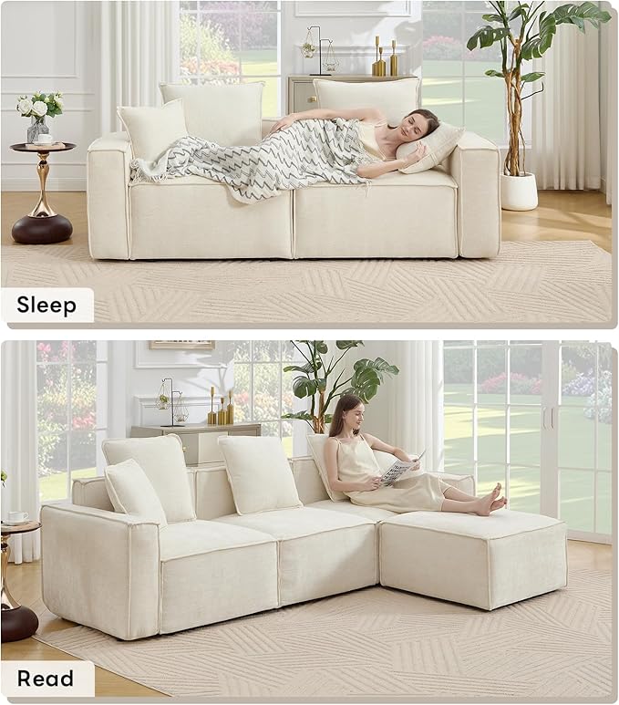 WILLOVE 109'' Modular Sectional Sofa, Chenille Cloud Couch with Wide Armrests & 5 Pillows, Deep Seat Couches for Living Room, Beige