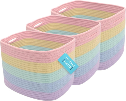 OrganiHaus Set of 3 Rainbow Woven Storage Baskets for Organizing, Cotton Rope Organizer Bins for Shelves, Closet & Nursery, Dog Toy Basket, Decorative Bins for Toys, Towels & Books - 15x10x9