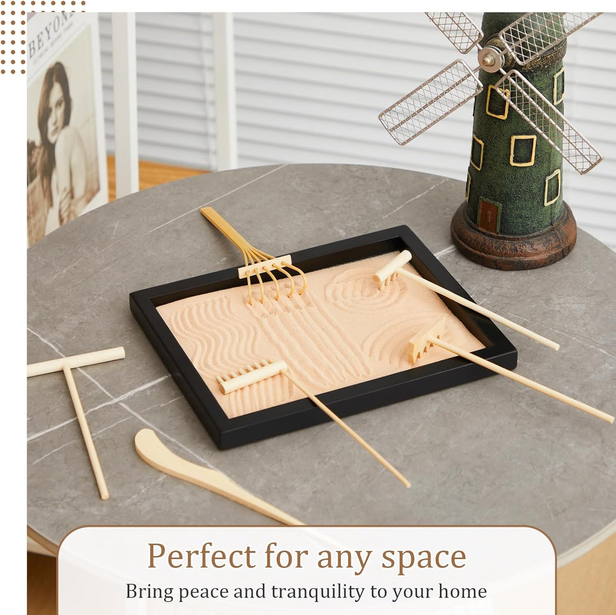 Soulchen 8 Pcs Mini Zen Garden Kit for Desk Decor DIY Your Own Zen Garden 8.5" x 6.7" Japanese Sand Tray 6 Rake Tools Meditation Gifts Set for Home Office Desktop Accessories Therapy Stress Relief
