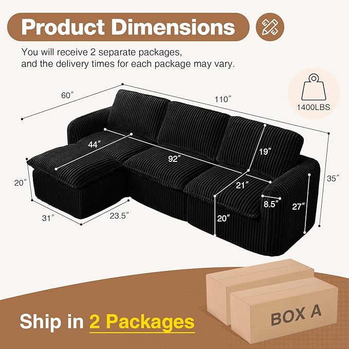110'' Boneless Modular Sectional Couches for Living Room, Comfy Cloud Couch Sectional Sofas with Ottoman, Convertible L Shaped Couches for Apartment, Dorm, No Assembly Required, Black Corduroy