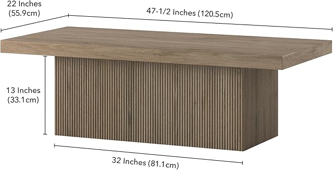 Henn&Hart 48" Fluted Low-Profile Coffee Table with Solid Base for Living Room, Family Room, or Office, Antiqued Gray Oak