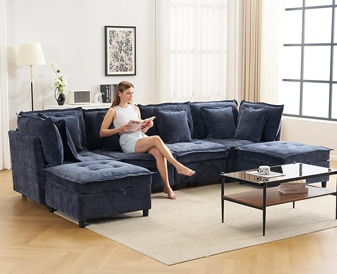 133'' Modular Sectional Sofa, Oversized U Shaped Couch with Storage Ottoman, Comfy Chenille Sofa with Deep Seat, 6 Seat Convertible Couches for Living Room, Blue
