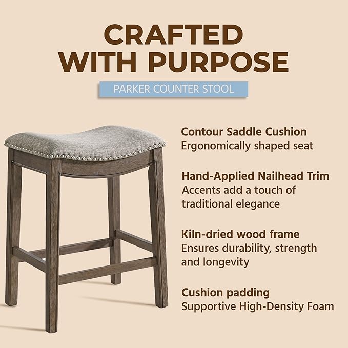 ROME + OAK Set of 2 Parker 26 Inch Counter Stool, Backless Saddle Kitchen Barstool in Walnut Finish with Grey Fabric Upholstery Cushion Seat