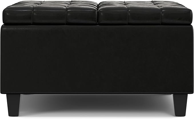 SIMPLIHOME Harrison 30 inch Wide Transitional Square Small Coffee Table Storage Ottoman in Midnight Black Vegan Faux Leather, Assembled, for The Living Room and Bedroom