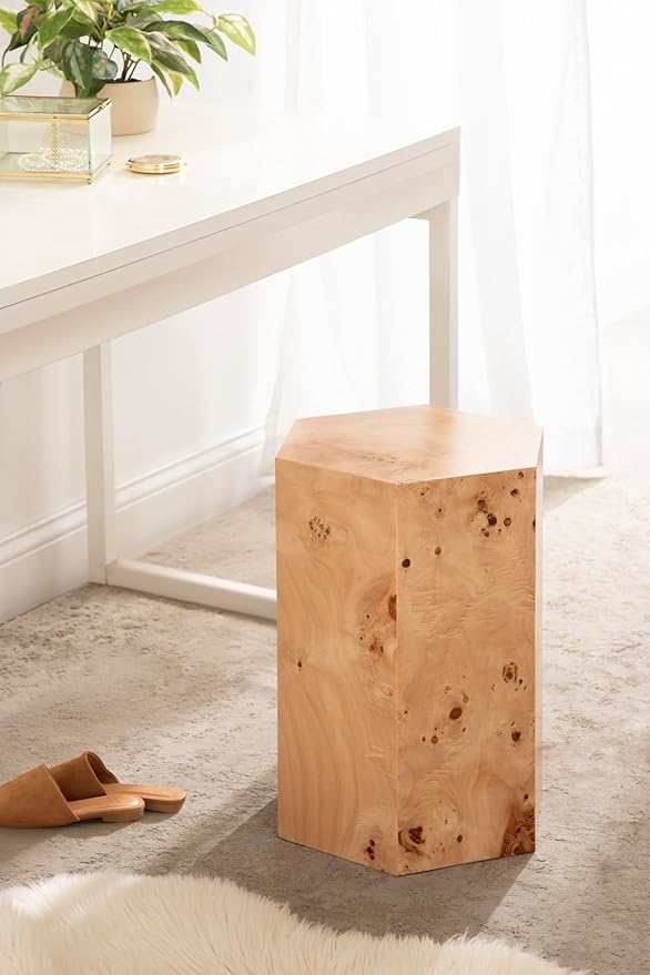 Kate and Laurel Berkett Hexagon Burlwood Side Table, 14 x 12 x 19, Natural Wood, Transitional End Table for Use as Burlwood Nightstand, Living Room Pedestal Table, or Bedroom Vanity Stool