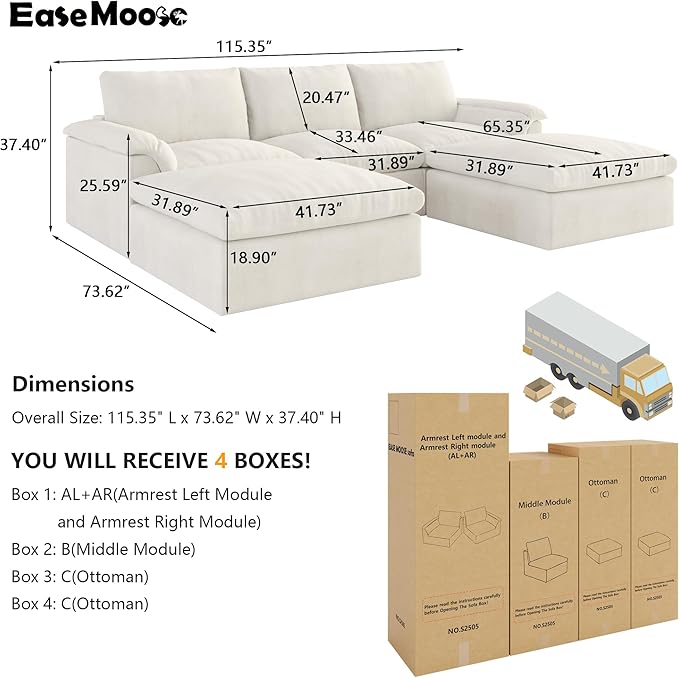 EASE MOOSE Oversized Cloud Couch Sectional Sofa, U-Shaped Modular Couch for Living Room, Minimalist Boneless Convertible Couches with Ottoman, 5-Seat Deep Sofas for Bedroom, Chenille (White)