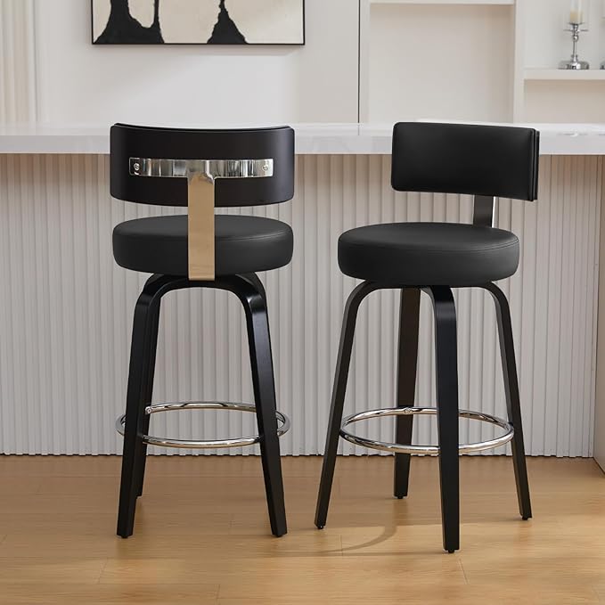Swivel Counter Height Bar Stools Set of 2, 26" Upholstered Faux Leather Barstools with Back, Mid Century Modern Counter Stools with Black Walnut Wood Legs for Kitchen Island, Black