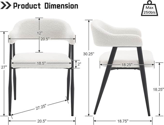 HNY Modern Dining Room Arm Chairs Set of 6, Faux Sherpa Boucle Upholstered Barrel Dining Chairs with Arms Mid-Century White Accent Chair with Metal Legs, Open-Back Kitchen Side Chair for Living Room