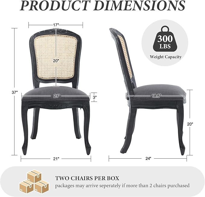 Wicker Dining Chairs Set of 2, Upholstered Linen Fabric Dining Room Chairs with Square High Rattan Back Farmhouse French Kitchen Chairs for Dining Table/Living Room/Restaurant, Black