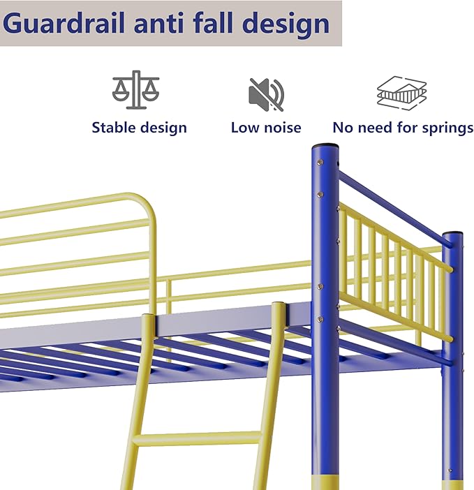 Metal Bunk Bed Twin Over Twin，Loft Bed with Removable Ladder and Full-Length Guardrail，Twin Bunk Beds Frame Heavy Duty Metal Slat Support for Adults, Kids and Young Teens