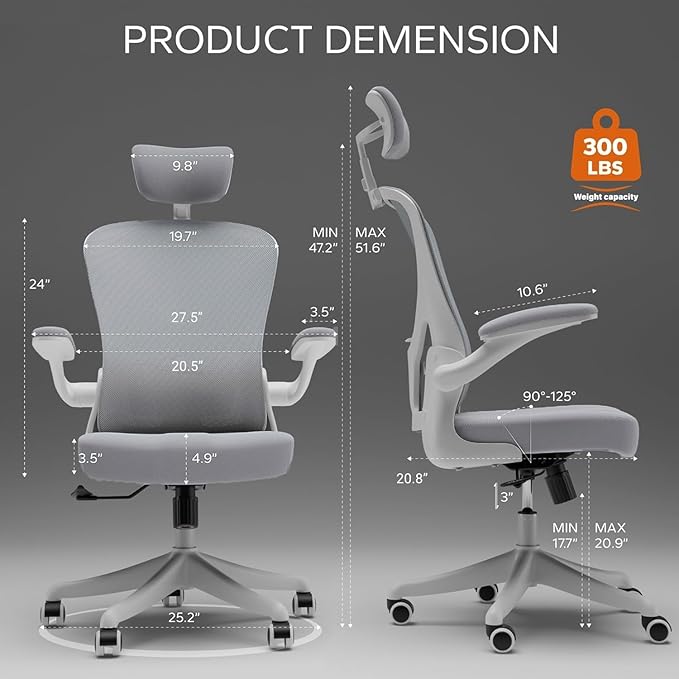 Ergonomic Office Chair with Adjustable Lumbar Support & Flip-Up Armrests - High Back Computer Desk Chair with Thickened Seat Cushion, Rolling Wheels for Home/Office Study Work
