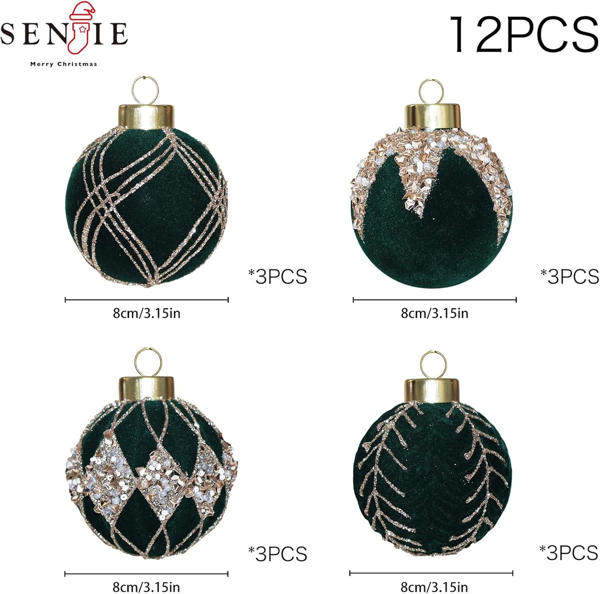 3.15INCH Green Velvet Ornaments for Christmas Tree, 12PCS Glitter Flocked Christmas Ornaments Decorations Balls Set Decor