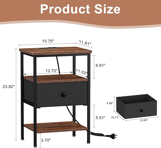 VECELO Night Stand with Charging Station, End Tables with Open Storage Shelf, Bed Side Tables with Fabric Drawers for Bedroom,Living Room,Rustic Brown