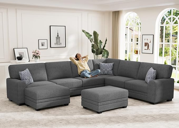 Wanderwell Oversized Modular Sectional Sofa, 8-Seater U Shaped Couches with Movable Ottoman,Corduroy Sectional Couch with Wide and Deep Seats Suitable for Living Room,Bedroom,Apartment (Grey, U-8)