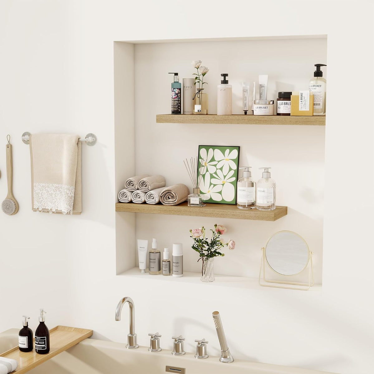 Fun Memories Floating Shelves for Wall, 24" Rustic Wood Deep Wall Mounted Shelves with Invisible Brackets for Decor & Storage, Floating Shelf for Living Room, Bathroom (Oak, Set of 2)