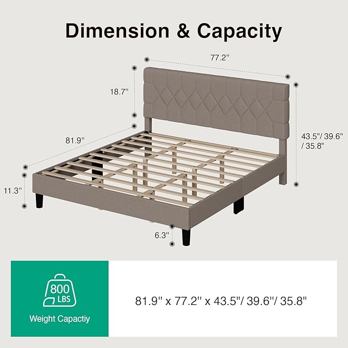 Novilla King Size Bed Frame, King Bed Frame and Headboard, Linen Upholstered Pull-Point Bed Frames, No Box Spring Needed, Heavy Duty Feet, Easy Assembly, Beige