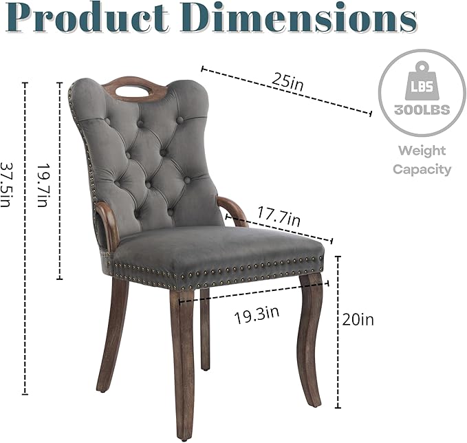 Velvet Dining Chairs Set of 6, Solid Wood Handles, Wooden Upholstered Dining Chair, Vintage Copper Nail Decoration, Mid Century Modern Kitchen Chair (Grey, Set of 6)