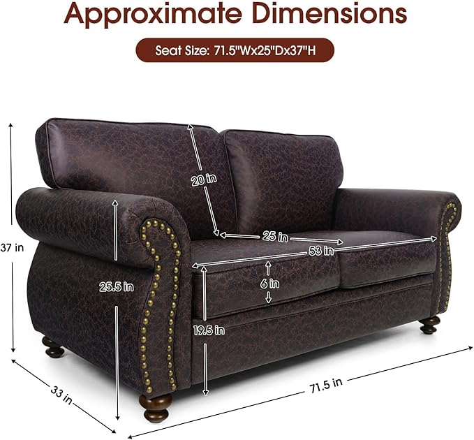 Mid-Century Vintage Sofa Couches with Rivet Design,loveseat Sofa,Removable Sofa Cover Upholstered Cushions and Solid Wood Frame (Brown, Loveseat)
