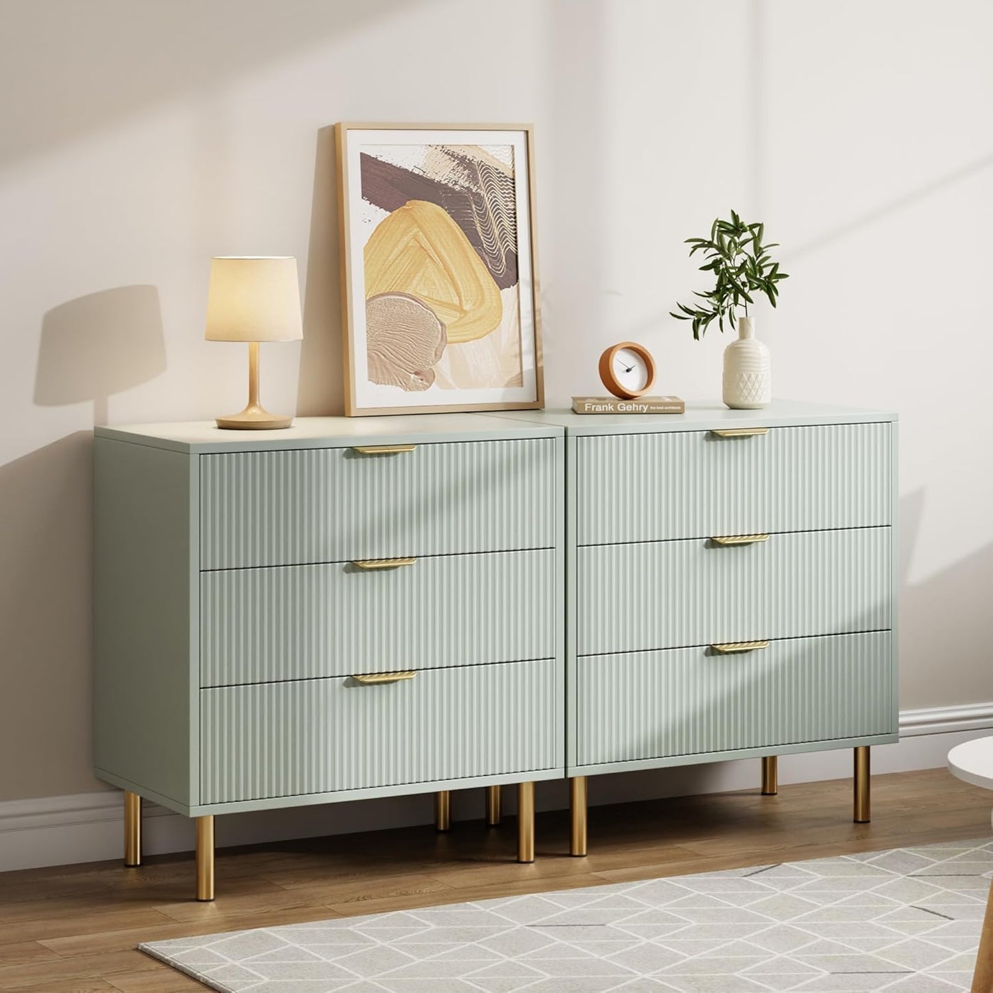 GAOMON 3 Drawer Dresser, Wood Chest of Drawers Organizer Storage with Gold Handle, Small Storage Cabinet, Modern Design Dresser for Bedroom, Living Room, Closet, Hallway, Entryway, Green
